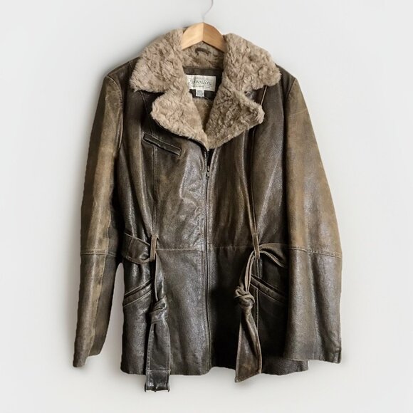 Vintage St. John's Bay Genuine Leather Belted Fur Trim‎ Jacket W Size Large - Picture 1 of 9